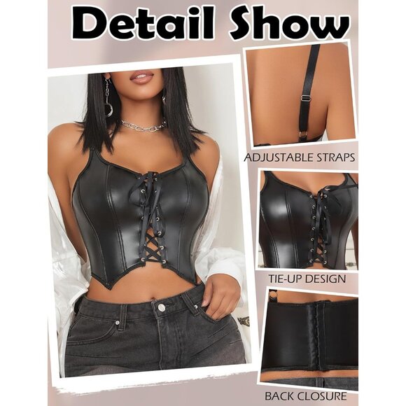 Women Black Lace Up Bustier Corset Adjustable Drawstring Sleeveless Shapewear - Picture 4 of 5